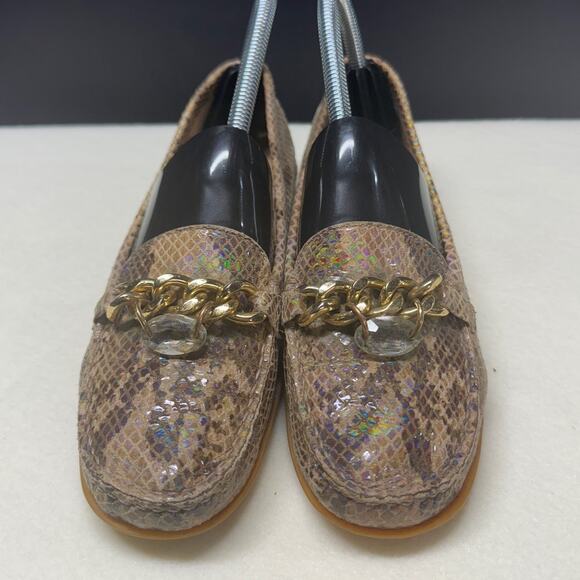 Stuart Weitzman Snake Print Loafers with Gold Chain - Picture 2 of 9
